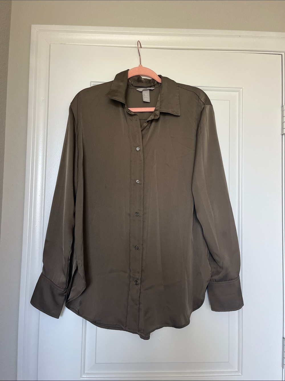 H&M Olive Satin Button-Down Long Sleeve Shirt